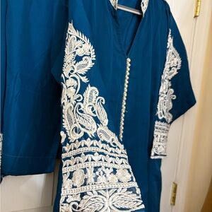 Blue Dress with White Embroidery